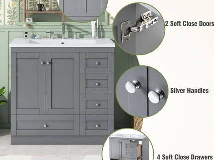 Shaker Free Standing Bathroom Vanity Cabinet With Sink, Soft Close Drawers, Soft Close Doors