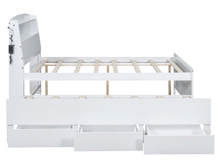 Full Size Platform Bed With Storage LED Headboard, Twin Trundle And 3 Drawers - White