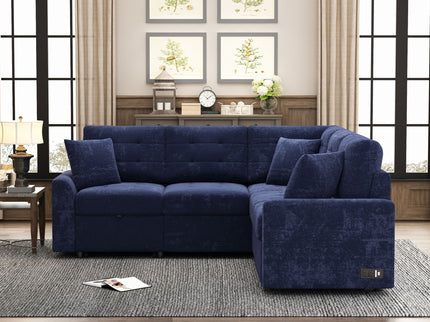 L-Shape Sofa Bed Pull-Out Sleeper Sofa With Wheels, USB Ports, Power Sockets For Living Room