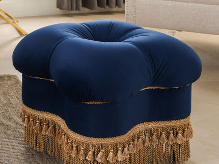 Ellen - Upholstered Clover Ottoman With Gold Bullion Fringe - Navy Blue