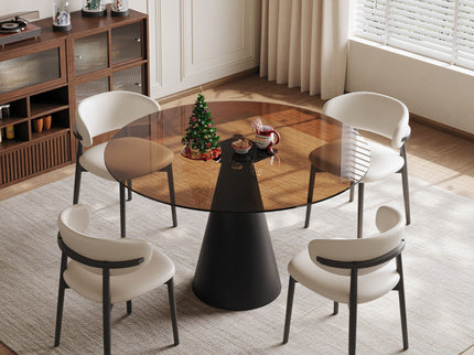 Round Dining Table With Tempered Glass Top - Black / Brown