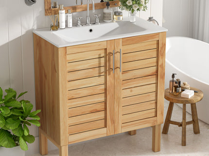 Bathroom Vanity With Ceramic Sink, Freestanding Cabinet - Antique Natural / Brown