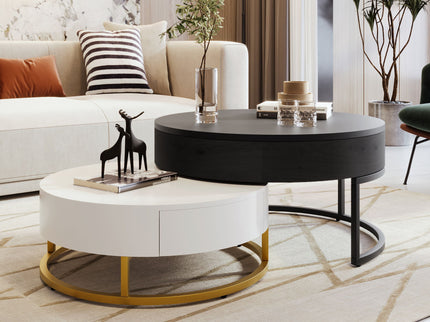Modern Round Lift-Top Nesting Coffee Tables With 2 Drawers