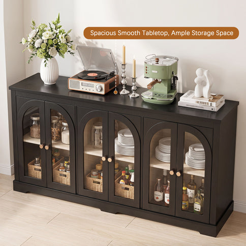 Modern Arched Glass Sideboard With 6 Doors, Buffet Cabinet With Storage And Adjustable Shelves