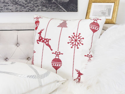 Christmas Throw Pillow With Embroidered Reindeer And Snowflakes - White