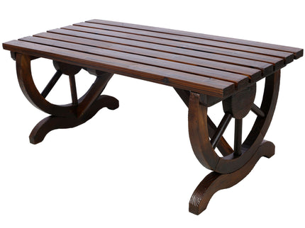 Rustic Wooden Bench With Wagon Wheel Legs For Garden And Patio - Brown