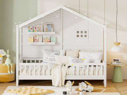 House Bed With Shelves, Window And Sparkling Light Strip On The Roof