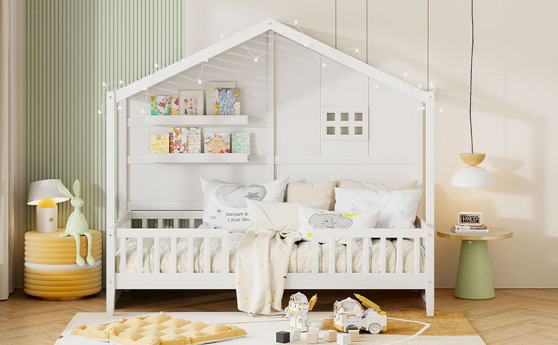 House Bed With Shelves, Window And Sparkling Light Strip On The Roof