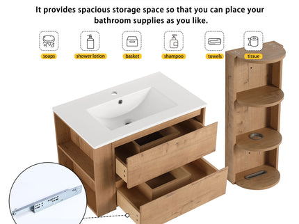 Modern Wall Mounted Bathroom Vanity With Ceramic Sink And Storage Rack, 2 Soft Close Drawers