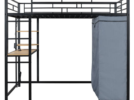 Loft Bed With Desk, Shelves, Power Outlet, LED Light And Wardrobe