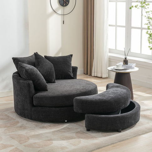 360° Swivel Accent Barrel Chair With Storage Ottoman & 4 Pillows, Modern Leisure Chair Round Accent For Living Room