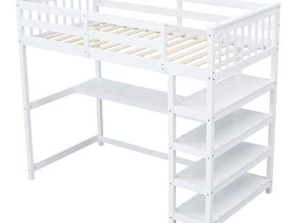 Loft Bed With Storage Shelves And Under Bed Desk
