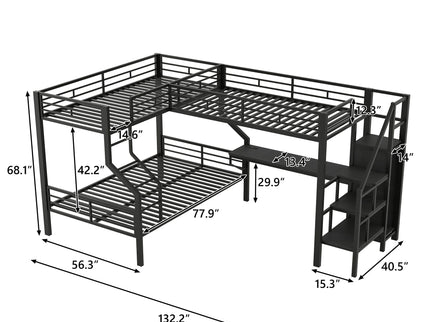 Twin Over Full L Shaped Bunk & Loft Bed With Built-In Wardrobe, Desk, And USB Ports - Black
