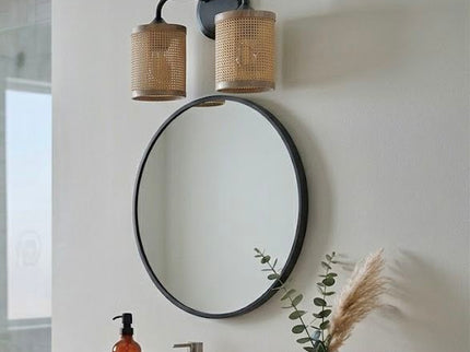 Quell - Double Light Vanity With Natural Shade Wall Lamp - Black / Rattan