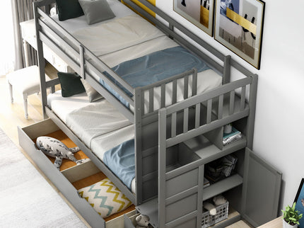 Bunk Bed, Convertible Bottom Bed, Storage Shelves And Drawers