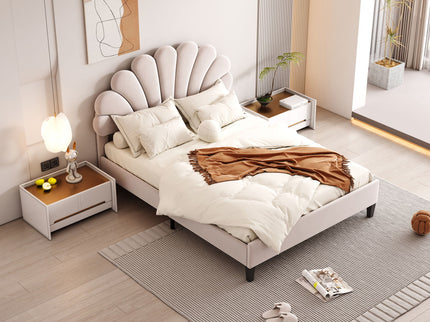 Upholstered Platform Bed With Flower Pattern Headboard