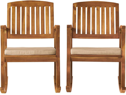 Acacia Wood Outdoor Patio Rocking Chair With Cushion (Set of 2) - Natural / Cream