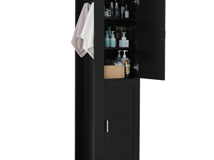 Tall Freestanding Bathroom Storage Cabinet With Adjustable Shelves And Side Hooks