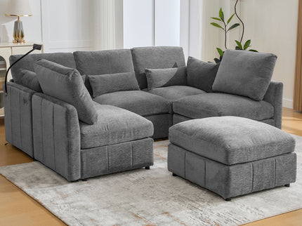 Modern Modular U-Shaped Sofa Bed With Movable Ottoman, USB Ports, Phone Holder