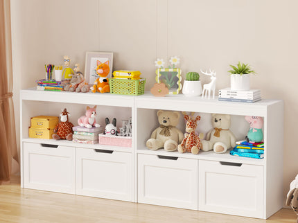 Book Organizer With Large Drawers And Open Shelves, Toy Storage Cabinet With Removable Wheels And Rounded Edges - White
