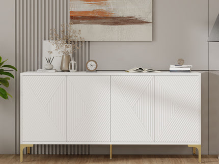 Modern Wood Sideboard Cabinet With Carved Door Panels, Adjustable Shelves, And Sturdy Metal Legs