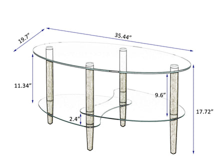 Transparent Oval Glass Coffee Table, Modern Table In Living Room Oak Wood Leg Tea Table 3-Layer Glass Table