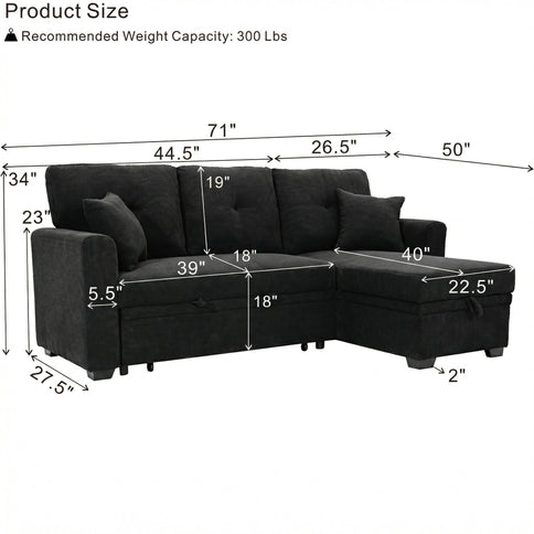 Sleeper Sectional With Pull Out Bed, Reversible Chaise