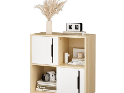 Storage Cabinet With Sliding Doors, 2 Tier Open And Closed Shelves Organizer - Natural / White
