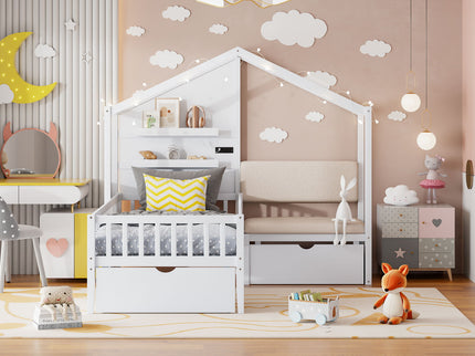 House Bed With Upholstered Sofa, Wireless Charging Station, Shelves And 2 Drawers