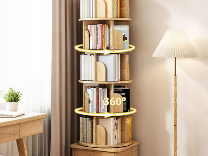 6 Tier Rotating Bookshelf With Wheels And Drawer, 360° Spinning Design, Space Saving Storage, For Home - Wood