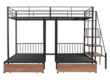 Full Over Twin-Twin Triple Bunk Bed With Drawers And Staircase - Black