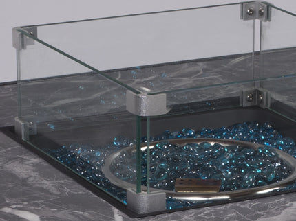 Morden Steel Fire Pit Table With Marble Tile Tabletop, Glass Wind Guard And Lid