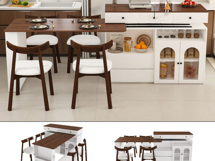 Retro Kitchen Island Set With Chairs, Extendable & Rotating Table, 4 Drawers & Door Cabinets