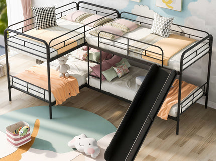 Mission Style Twin Size L-Shaped Bunk Bed With Slide And Ladder - Black