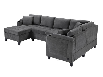 U Shaped Sectional Sofa, Corner Living Room Couch With Built In Cup Holders, Storage, USB Ports