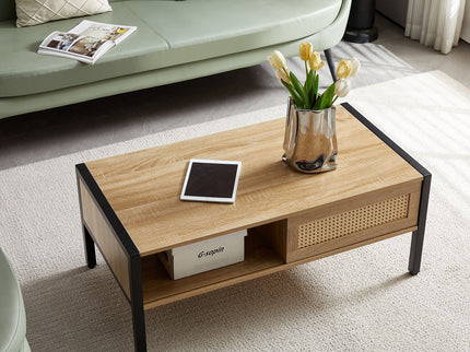 40.16" Rattan Coffee Table, Sliding Door For Storage, Metal Legs, Modern Table For Living Room