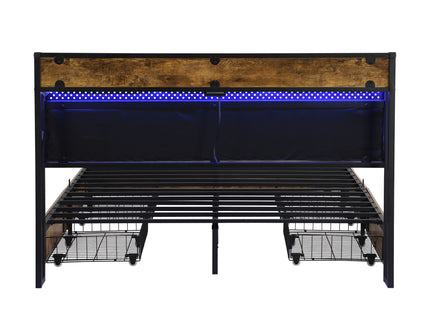 Contemporary Bed Frame With Storage Headboard, Charging Station, LED Lights