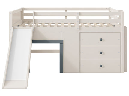 Modern Low Loft Bed With Slide, 3 Storage Drawers, And 2 Doors