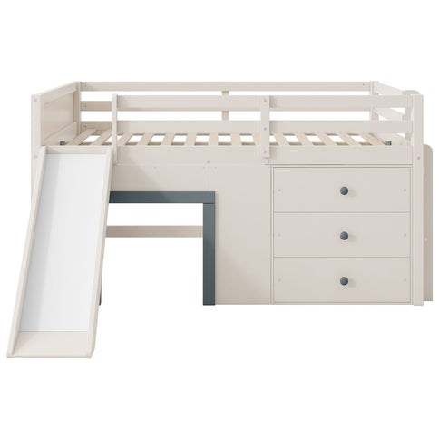 Modern Low Loft Bed With Slide, 3 Storage Drawers, And 2 Doors