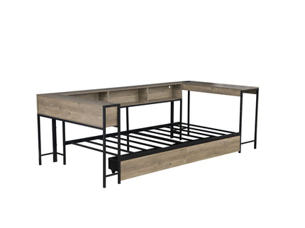 Corner Bed Frame Twin Size With Bookcase And 2 Underbed Storage Drawers, Modern Twin Bed With LED Light And Charging Station, Modern Daybed Reversible Left Or Right - Gray