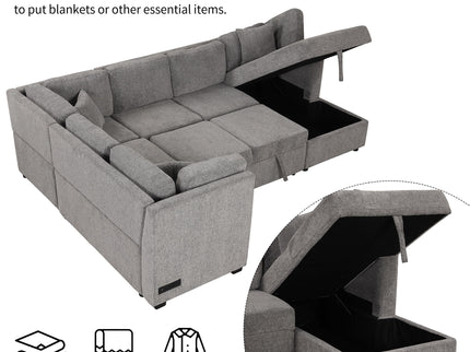 U-Shaped Sectional Sofa Pull Out Sofa Bed With Two USB Ports, Two Power Sockets, Three Back Pillows And A Storage Chaise For Living Room
