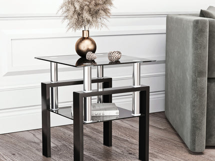 Modern Tempered Glass Tea Table, End Square Table For Living Room - Black