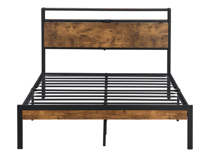 Metal Platform Bed Frame With Wooden Headboard And Footboard With USB Liner, No Box Spring Needed, Under Bed Storage