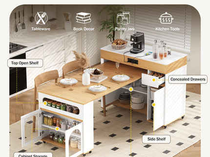 Extendable Dining Table With Folding Top, Rolling Kitchen Island With Drawers And Power Outlet