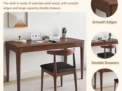 Desk With Drawers, Smooth Edge Design - Walnut