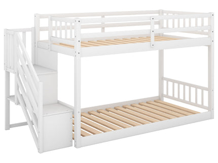 Twin Over Twin Floor Bunk Bed, Ladder With Storage