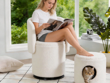 Barrel Chair & Built In Storage, 360° Swivel - Beige