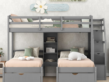 Twin Over Twin & Twin Bunk Bed With Drawers, Staircase Storage, Built In Shelves - Gray