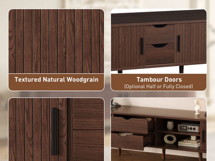 TV Stand For 70" TV, Console With Tambour Doors, Drawers And Built In Power Outlet - Dark Brown