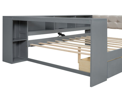 Upholstered Headboard Platform Bed With Storage Shelves, Drawers, Charging Station